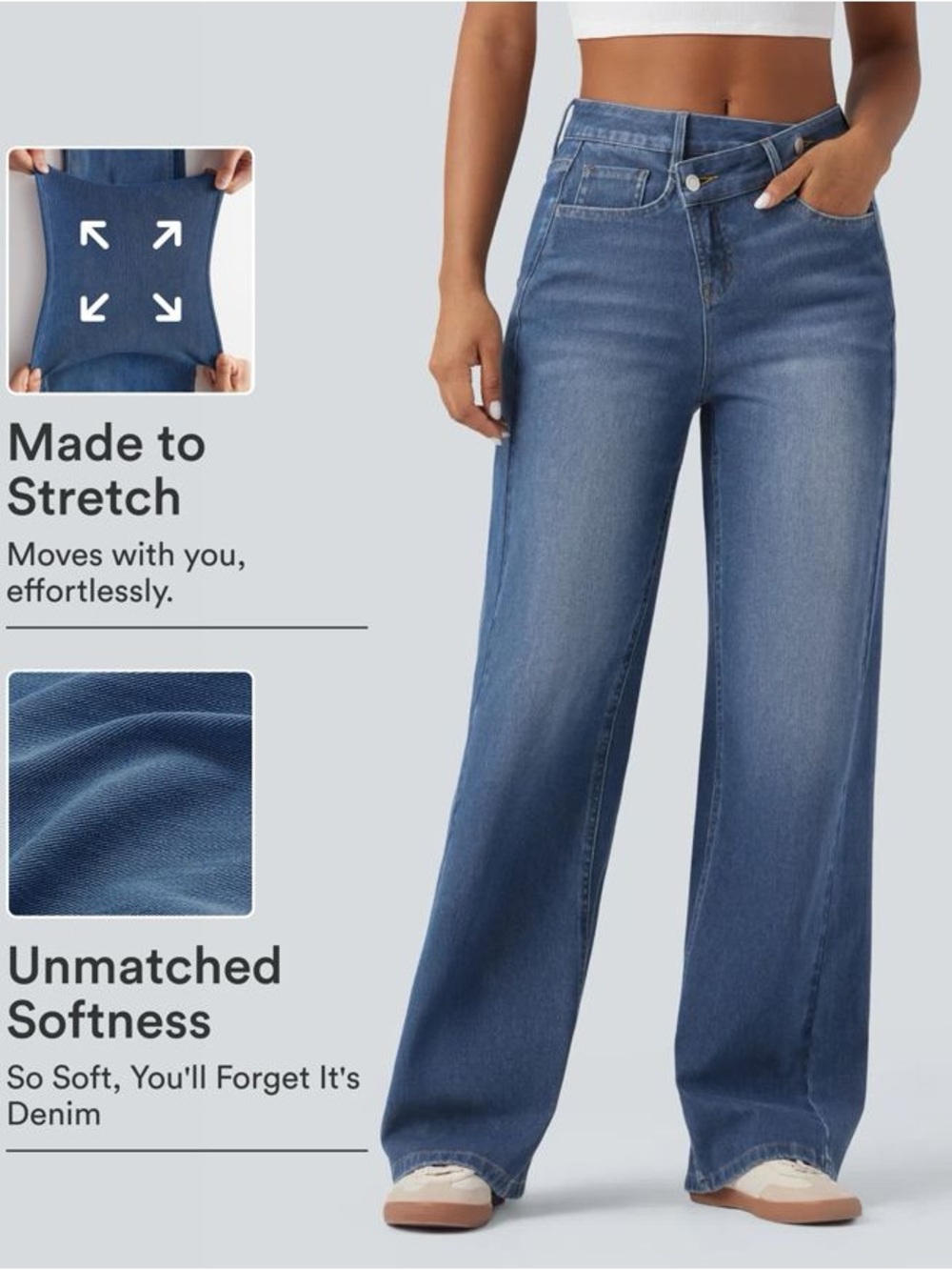 Halara Flex™ Asymmetric High Waisted Washed Casual Baggy Jeans with Pockets